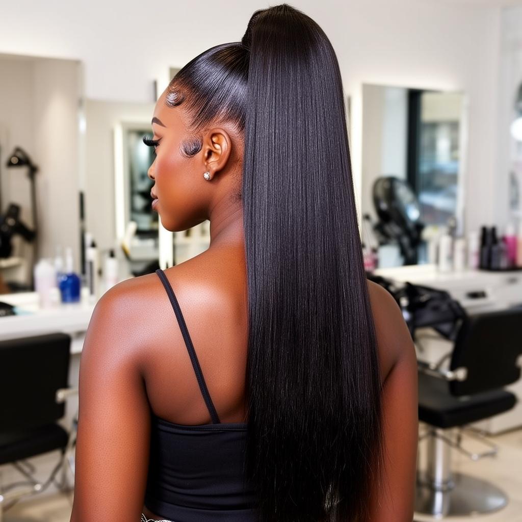 Sleek ponytail weave on a Black woman